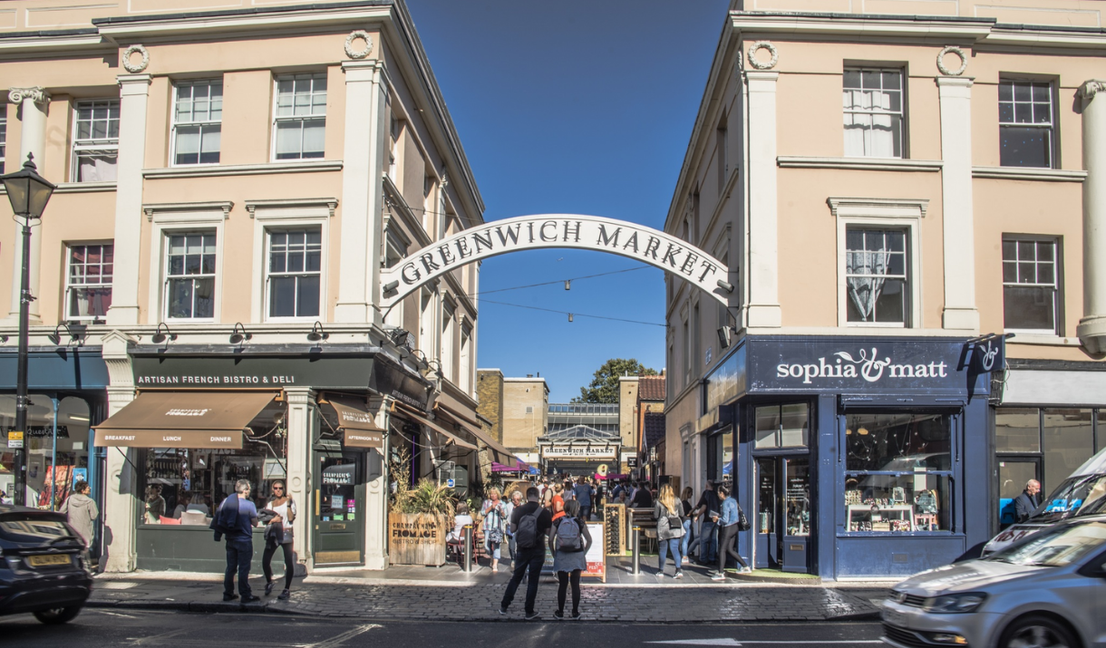 The arched entrance to Greenwich Market on Durnford Street.